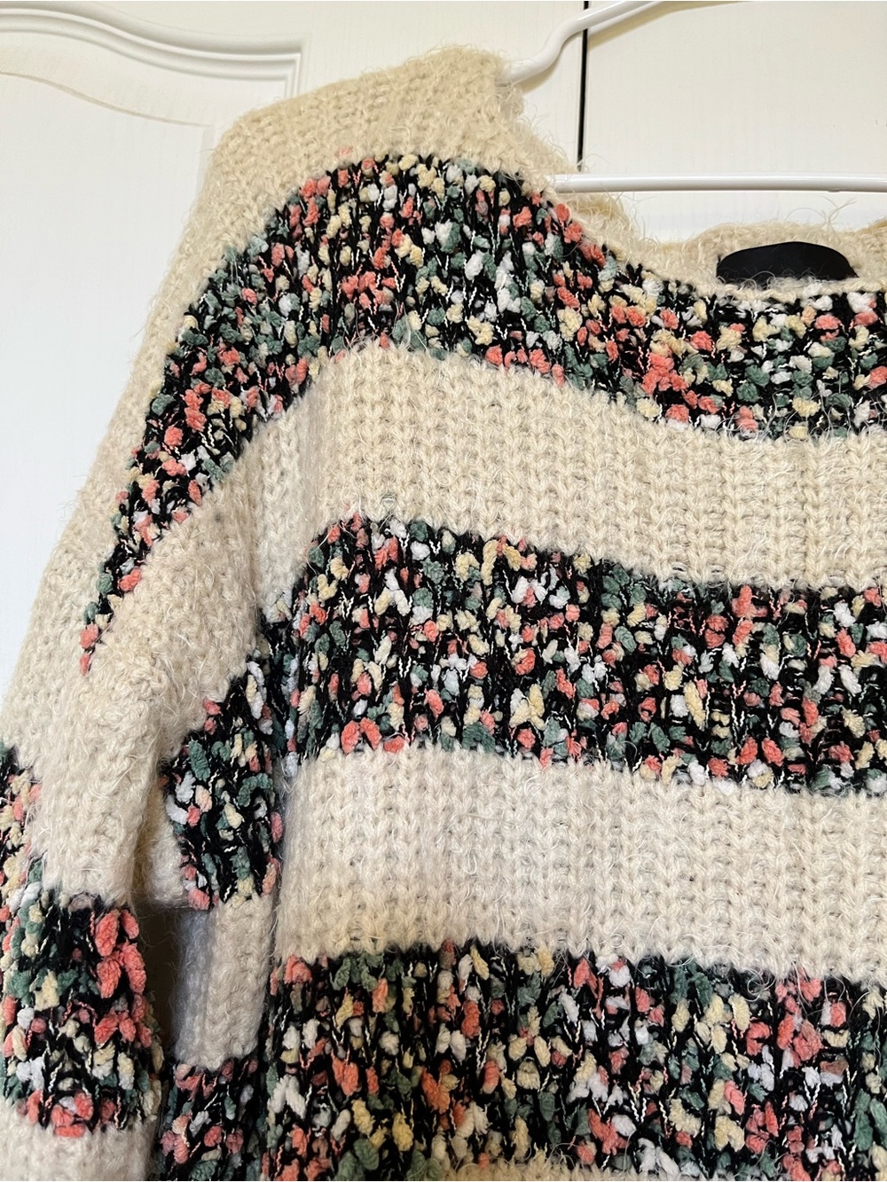 Women's Cream Fuzzy Stripe Scoop-Neck Sweater - Picture 6 of 9
